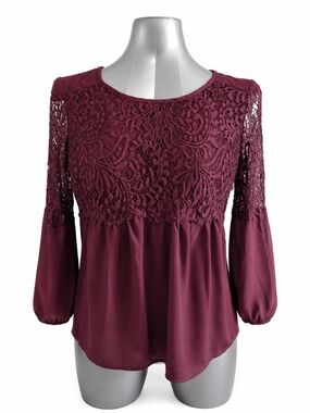 New York & Co Lace Yoke Chiffon Boho Blouse M Burgundy EUC